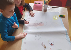 Dzieci rysują plakat lasu.