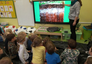 Zajęcia fundacji Szkatułka. Dzieci oglądają zdjęcie przekroju gleby.