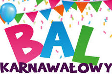 Kolorowy napis Bal Karnawałowy, confetti, balony