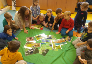 Dzieci układają zdjęcia zwierząt na mapie.