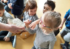 Dzieci oglądają skamieniałości.