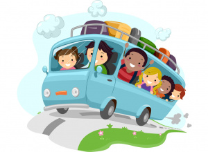 Rysunek niebieskiego autokaru z dziećmi.