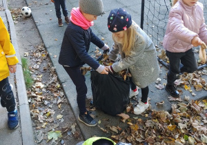 Jesienne porządki- dzieci pakują liście do worka.