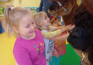 Dziewczynki przytulają się do alpak.
