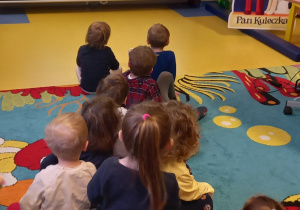 Spotkanie autorskie. Dzieci siedzą na dywanie o oglądają na dużym ekranie ilustracje do książek pana Widłaka.