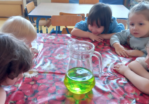 Urodziny Kropelki. eksperymenty z wodą - dzieci obserwują rozchodzenie się kolorów w wodzie.