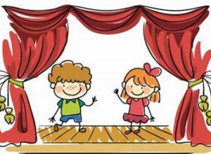 Rysunek dwojga dzieci na scenie teatralnej
