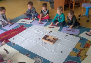 Dzieci liczą kasztany ułożone przed każdym na małym dywaniku.