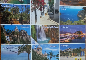 Kartka pocztowa z różnymi krajobrazami.
