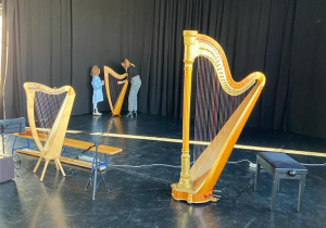 Miejski Dom Kultury. Na scenie stoją 3 harfy. Przy jednej z nich stoi kobieta i dziewczynka.