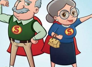 Dziadek i babcia w ubraniach superbohaterów.