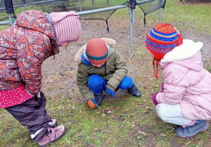 Dzieci bawią się w archeologów i badają znalezisko.