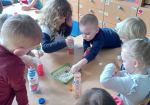 Dzieci siedzą przy stole i wkładają ziarna fasoli do plastikowych butelek po jogurtach.