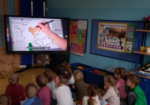 Dzieci oglądają na dużym ekranie proces powstawania książek.