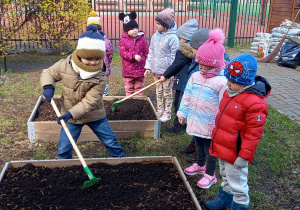 Dzieci grabią ziemię w grządkach w ogrodzie przedszkolnym.