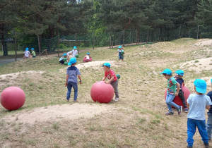 Dzieci w niebieskich czapkach z daszkiem bawią się dużymi i małymi piłkami na rozległym pagórkowatym terenie.