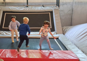 Wycieczka. Dzieci skaczą na trampolinach.