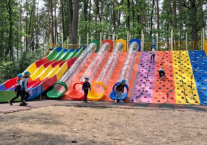 Wycieczka. Dzieci wspinają się po kolorowej ściance wspinaczkowej i zjeżdżają na kolorowych zjeżdżalniach.