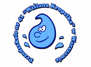 Rysunek przedstawiający kropelkę wody, wokół kropelki napis z nazwą przedszkola.