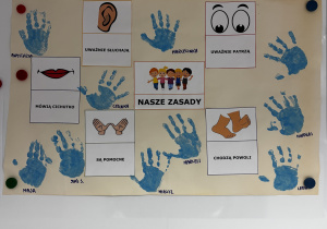 Plakat z odbitymi rączkami dzieci i przyklejonymi zasadami grupowymi.