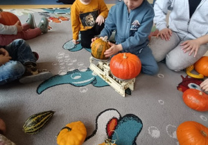 Chłopiec układa dynie na wadze.