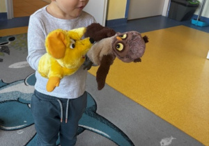 Chłopiec bawi się pacynkami.