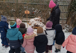 Dzieci oglądają domek dla jeża.